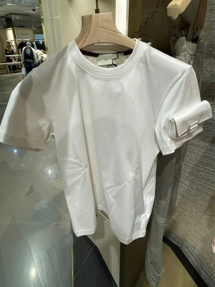 女性用Tシャツ丸いネック半袖ホワイトTシャツ女性春/夏半袖ミニバッグデザイントップ230314