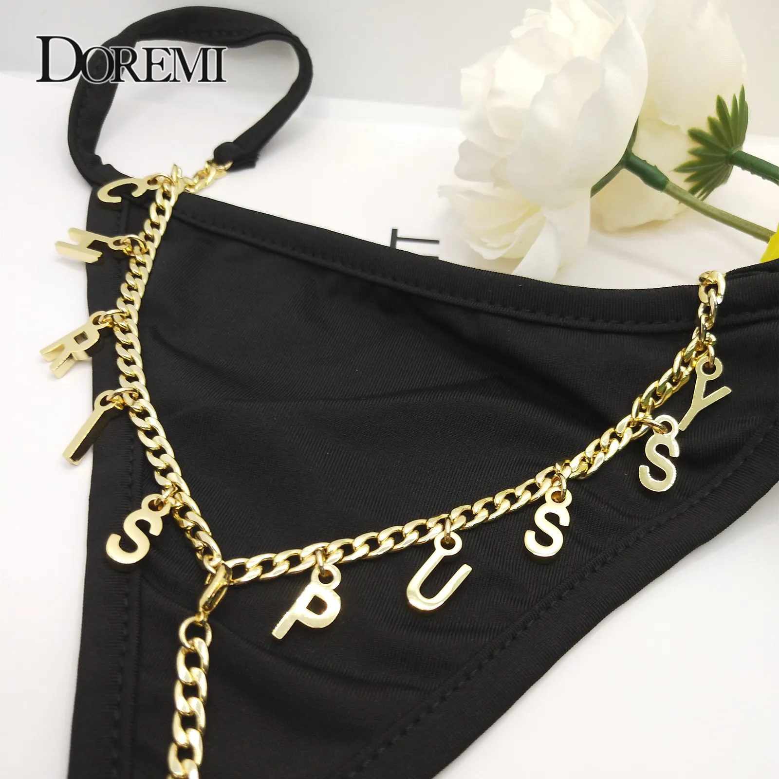 Ceintures de chaîne de taille DOREMI été Sexy nom personnalisé taille du ventre chaînes en acier inoxydable pour les femmes chaîne de corps bijoux lettres personnalisées string culotte 230314