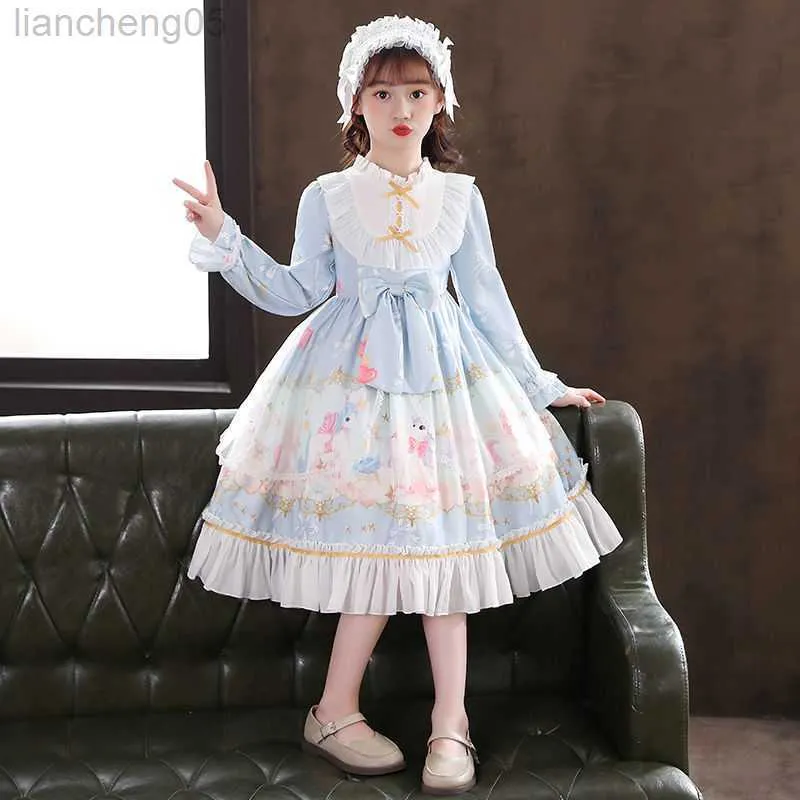 Girl's Dresses Princess Lolita Skirt Girls Summer New Spain Sweet Children Cartoon Dress Long Sleeve Puffy Tulle Skirt cute kids loli clothes W0314