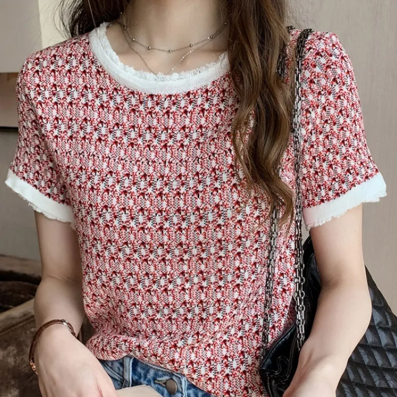 Women's T-Shirt Retro Summer Ice Silk Short Sleeve Women T-Shirts Tassel Button Patchwork Knitted Top 230314