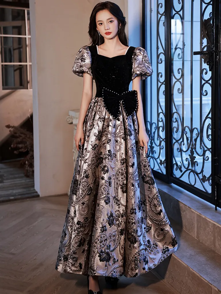 Contraste robes de bal col carré perle a-ligne nœud Jacquard imprimé manches bouffantes à lacets longue soirée robes de célébrité femme