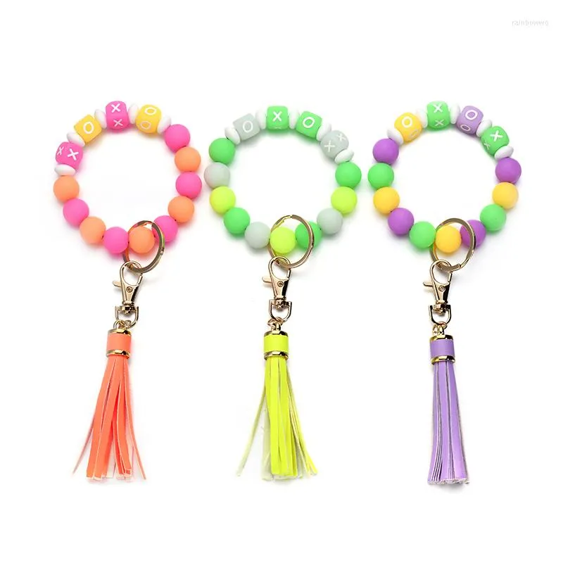 Keychains YEYULIN Colorful Silicone Beads Keychain Keyring For Women Letter Beaded Bracelet Tassels Pendant Jewelry Accessories