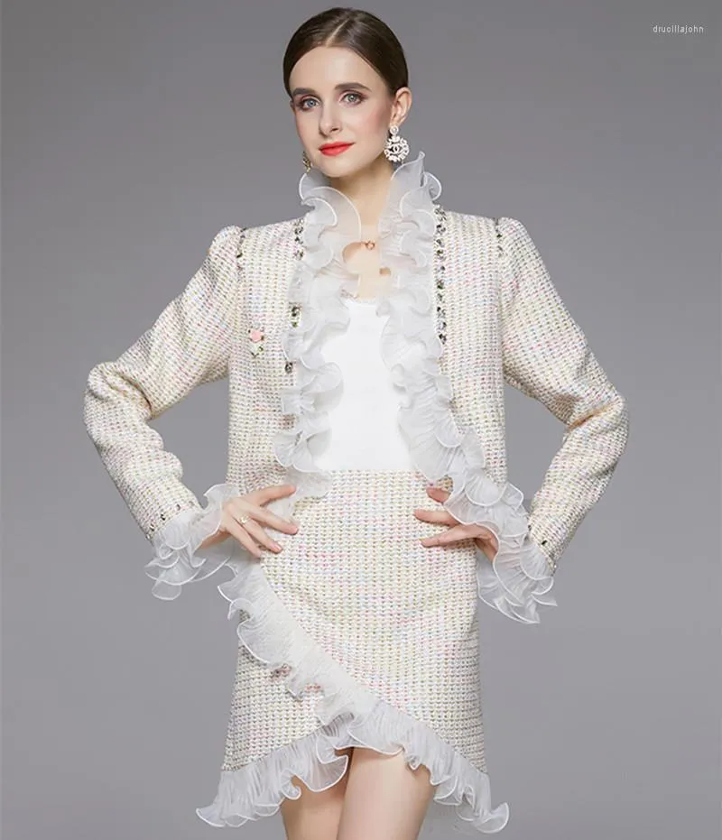 Sukienki robocze The Autumn/Winter 2023 Tweed Patchwork Mesh Płaszcz Elegancki garnitur spódnicy