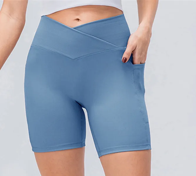 LL Yoga Shorts Ribber Dam Sport Seamless Cross Midja Byxor Löpning Fitness Stretchiga Gym Underkläder Träning Korta Leggings