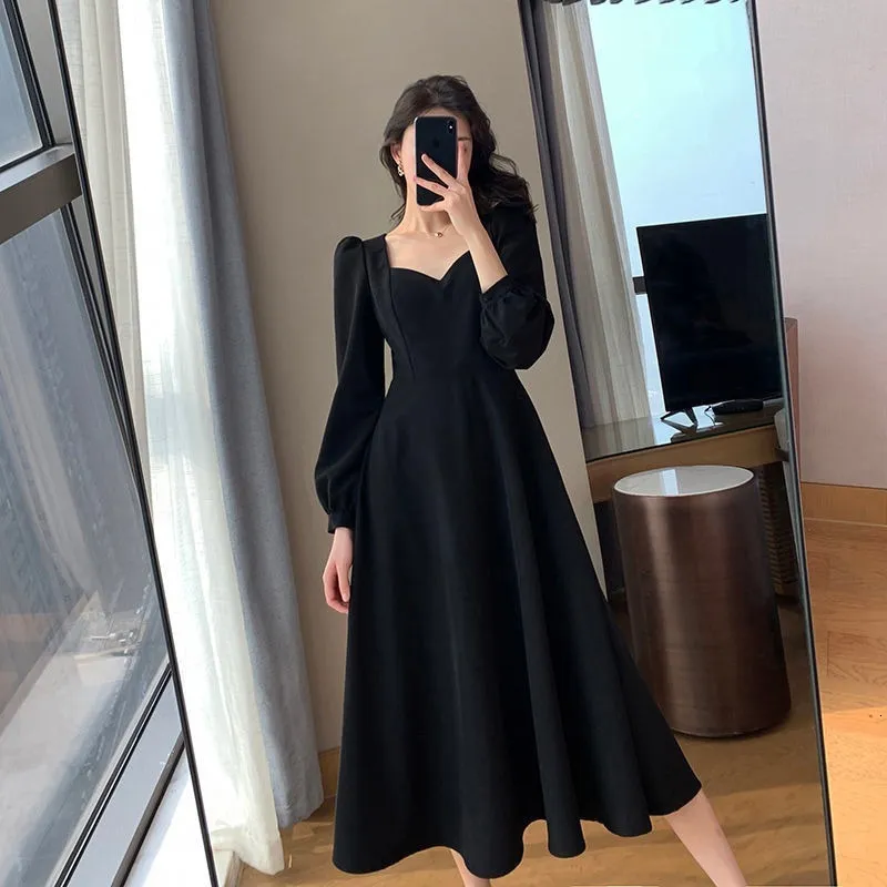 Retro Party Dresses: Womens Elegant Black Midi Dress Long Sleeve