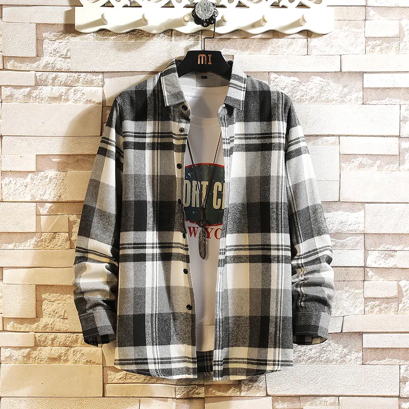 Men's Casual Shirts Brand For Spring Autumn Long Sleeves Flannel Korea Style Oversize 6XL 7XL Shirt For Men's Plaid Harajuku Clothing 230314