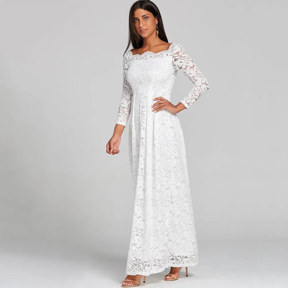 Party Dresses Woman Embroidery Lace Long Dress Sexy Slash Neck Wedding Party Wear Casual A-line White Vintage Maxi Dress Vestido 230314