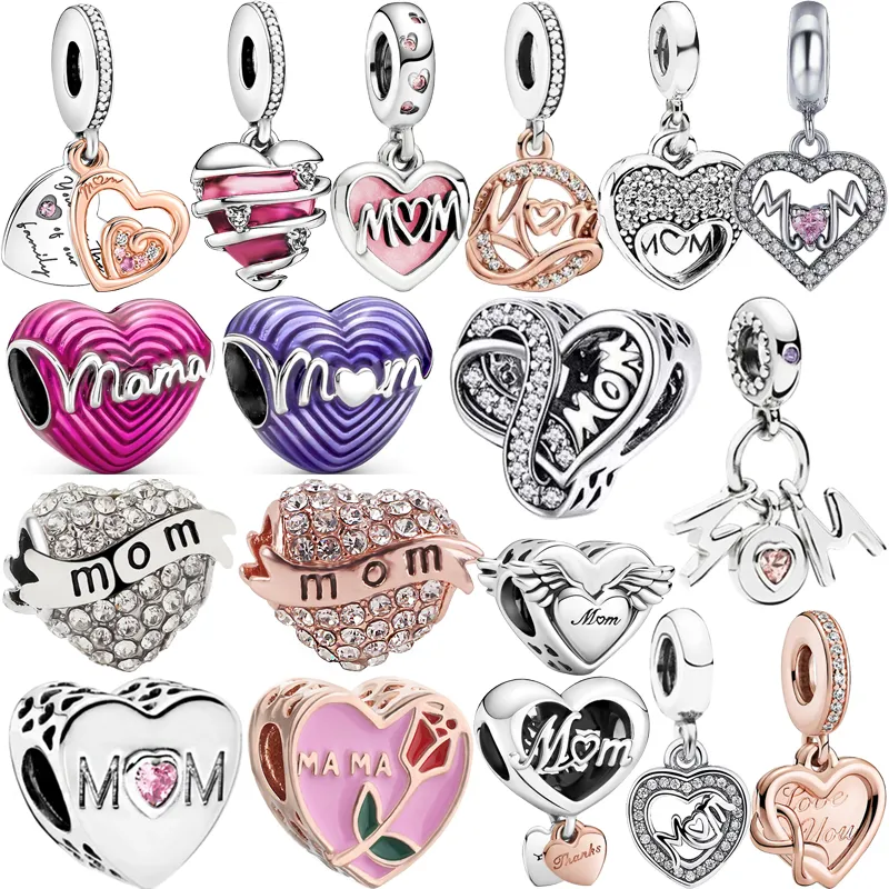 Passend für Pandora-Perlen, 925er Silber, Damenschmuck, neuer rosafarbener Mom-Herz, Liebe-Sie-Serie, ewiger, unendlicher Anhänger zum Selbermachen