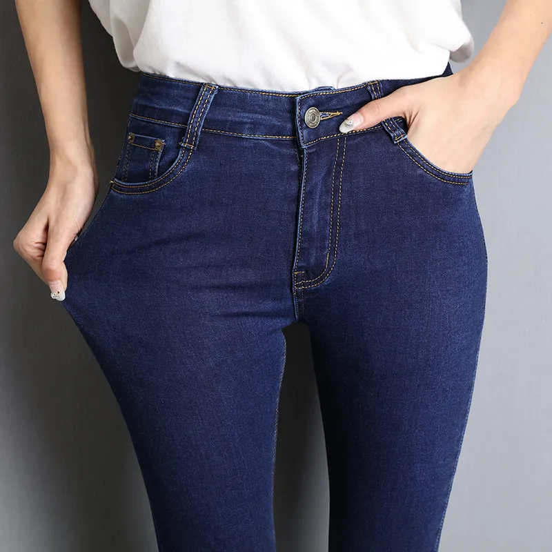 Jeans femininos para mulheres mãe azul cinza mulher preta alta elástica 36 38 40 fêmea esticada jeans lavada calças de lápis magras 230313