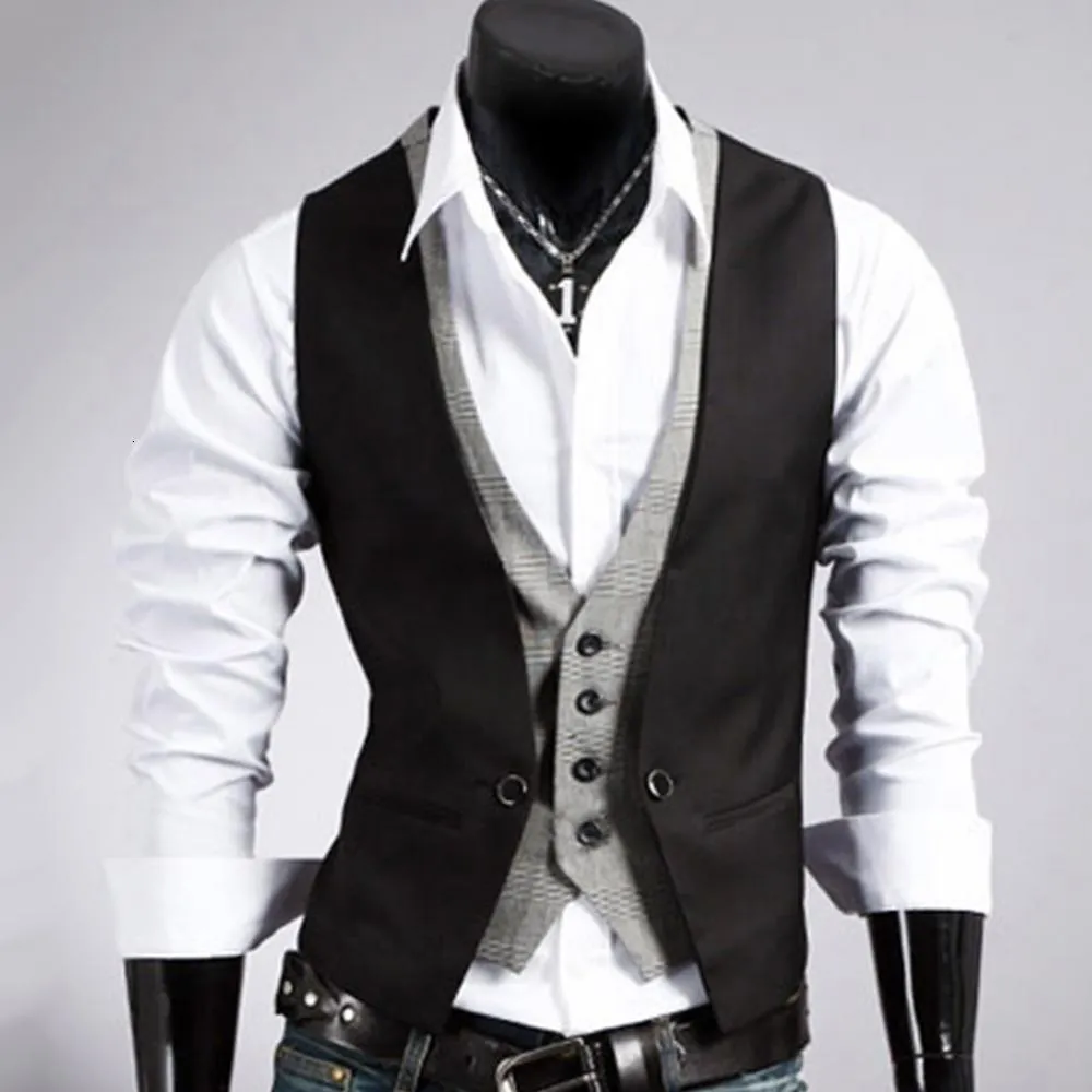 Mens Vests Drop!! Men Fake Twopieces V Neck Sleeveless Button Pocket Slim Fit Waistcoat Jacket 230313
