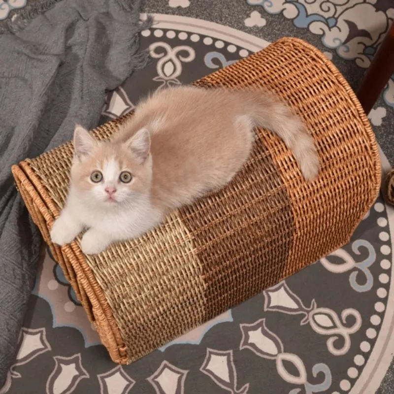 thumbnail interactive-video image 1 of Indoor Outdoor Cat Nest HUANGTNG Hanging Cat Hammock Bed - Imitation Rattan Basket For Indoor & Outdoor Use Cat Hanging Bed 1 of 13