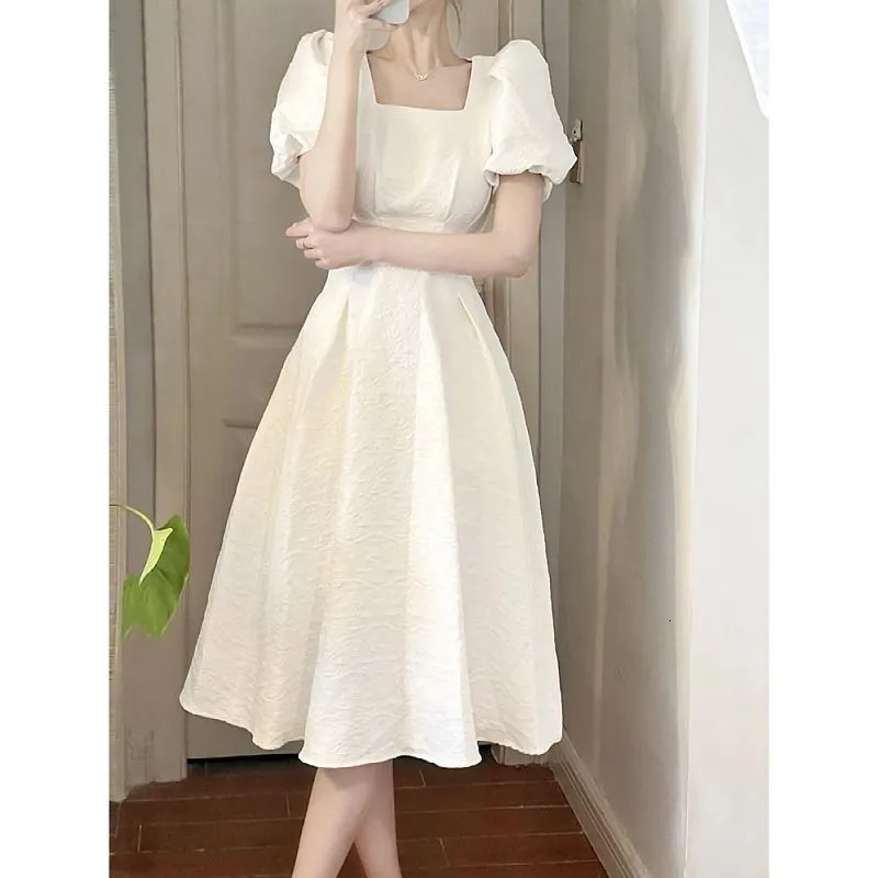 Party Dresses Summer Women's Gracieful White Midi Dress Korean Vintage Square Collar Evening Black Gown Lady Simple Joker Dresses 230314