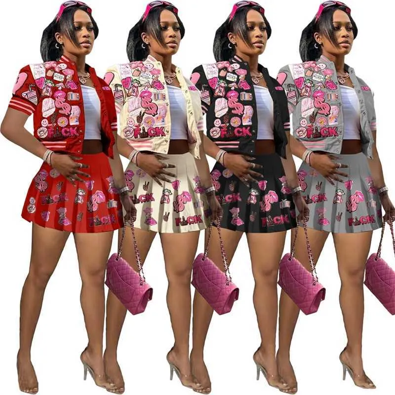 2023 Designer Summer Women Baseball Tracksuits Two Piece Varsity Suit Fashion Printed Bomber Jackets Pleated Skirt Outfits