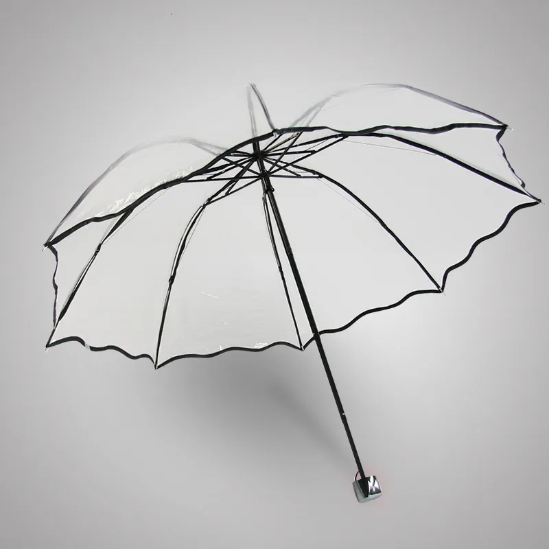 Umbrellas Fashion Transparent Folding Women Rain Umbrella Thicken PVC Clear Hiking Men Black Umbrellas Outdoor Travel Wave Edge Parasols 230314