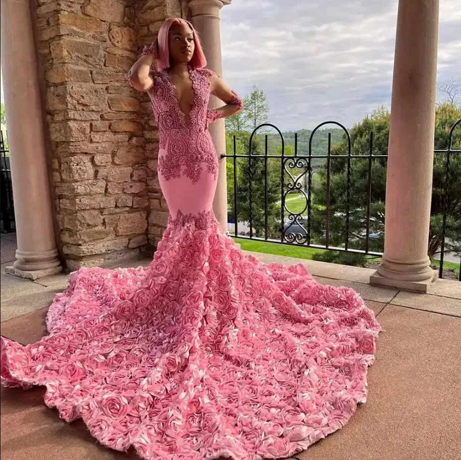 Elegant Pink Mermaid Prom Dress with 3D Rose Train and Long Sleeves for Black Women African Style Evening Gown