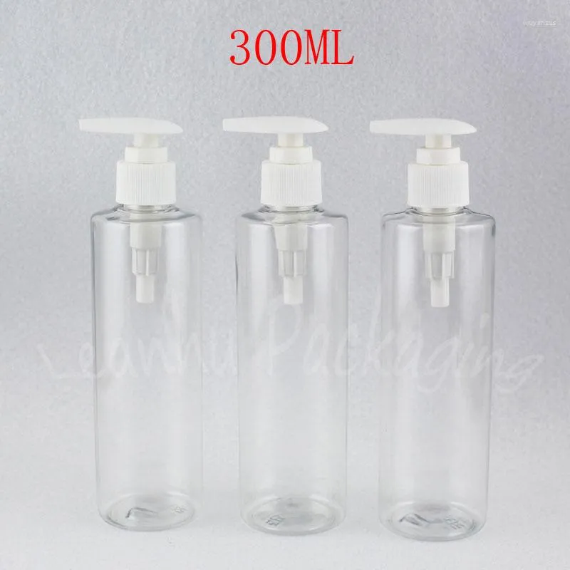 Bottiglie di stoccaggio Bottiglia di plastica trasparente a spalla piatta da 300 ml con pompa per lozione 300CC Imbottigliamento per trucco / confezione per shampoo