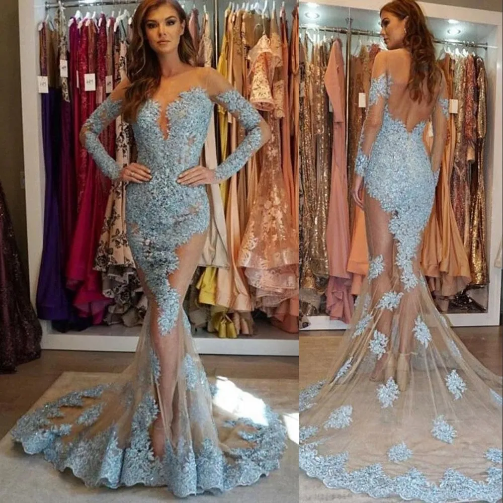 Sexy Arabic Evening Dresses Wear For Women Jewel Neck Illusion Mermaid Long Sleeves Lace Appliques Crystal Beaded Sheer Formal Prom Dress Party Gowns Open Back