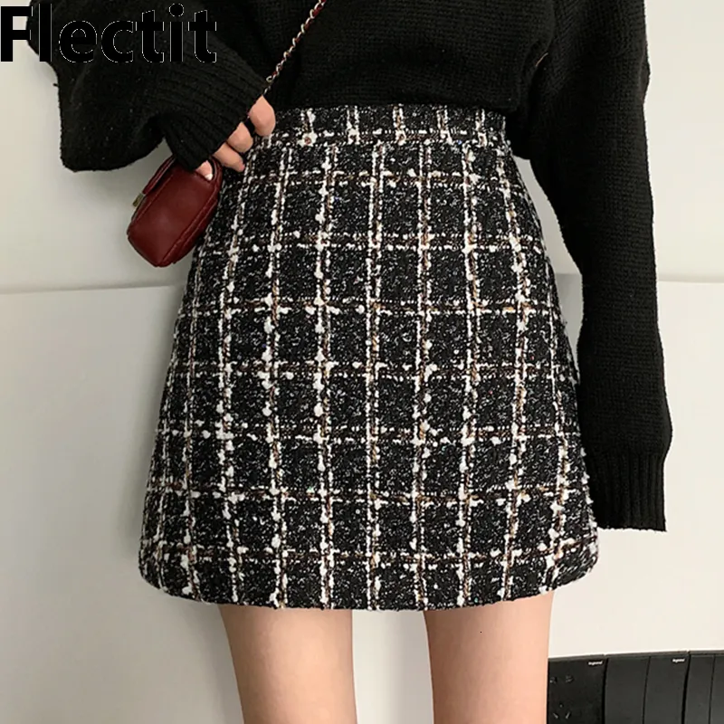 Spódnice Flectit Fall Winter wełna damskie wełniane wełny plus grube wełniane brokat Tweed Mini Saia feminina 230313