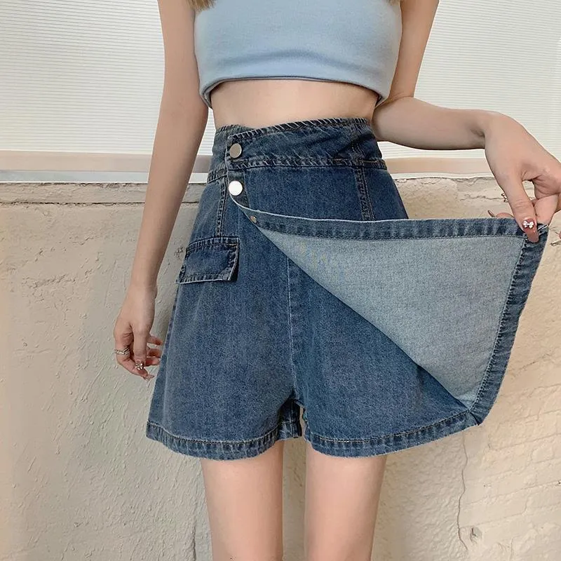 Women's Shorts Denim short's 2023 fake two girls' small highwaisted Aline short skirt pants 230314