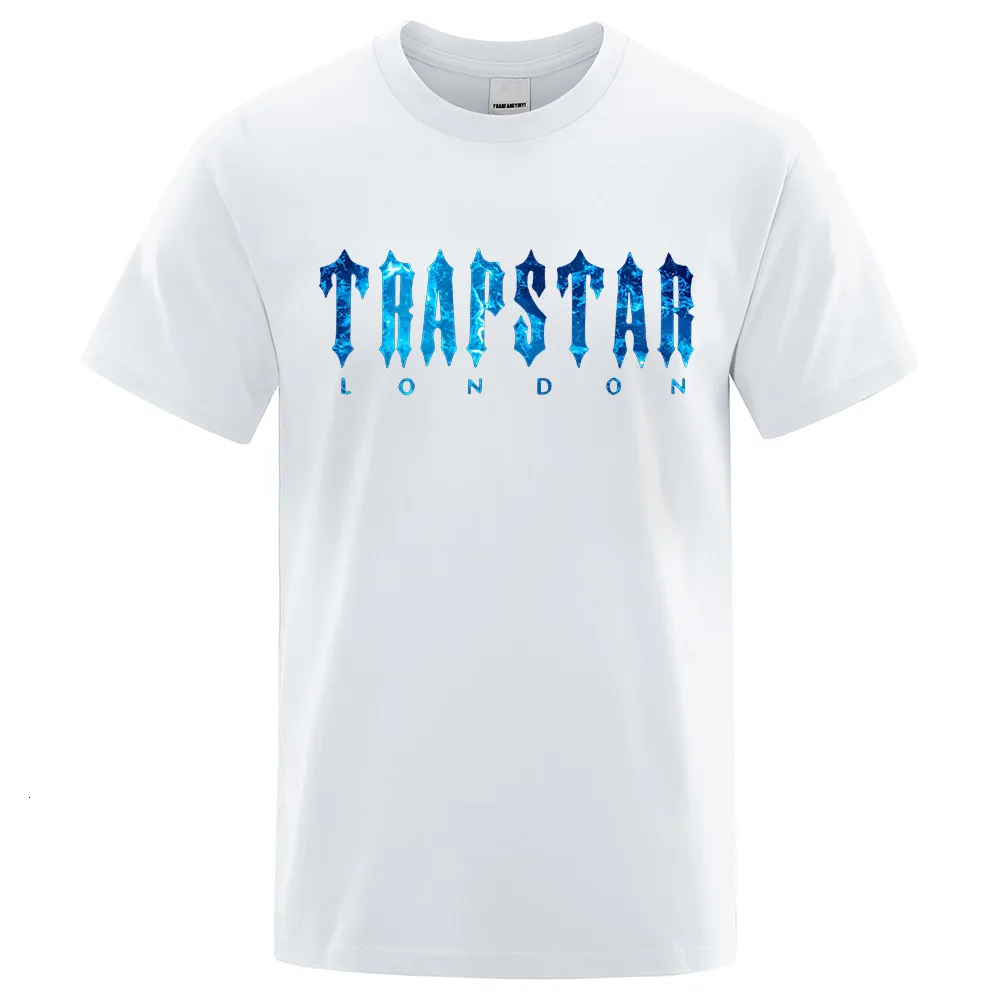 T-shirts voor heren Trapstar London Undersea Blue Gedrukt T-shirt Men Summer Ademende Casual Casual Short Sleeve Street Oversized Cotton Brand T Shirts 230313