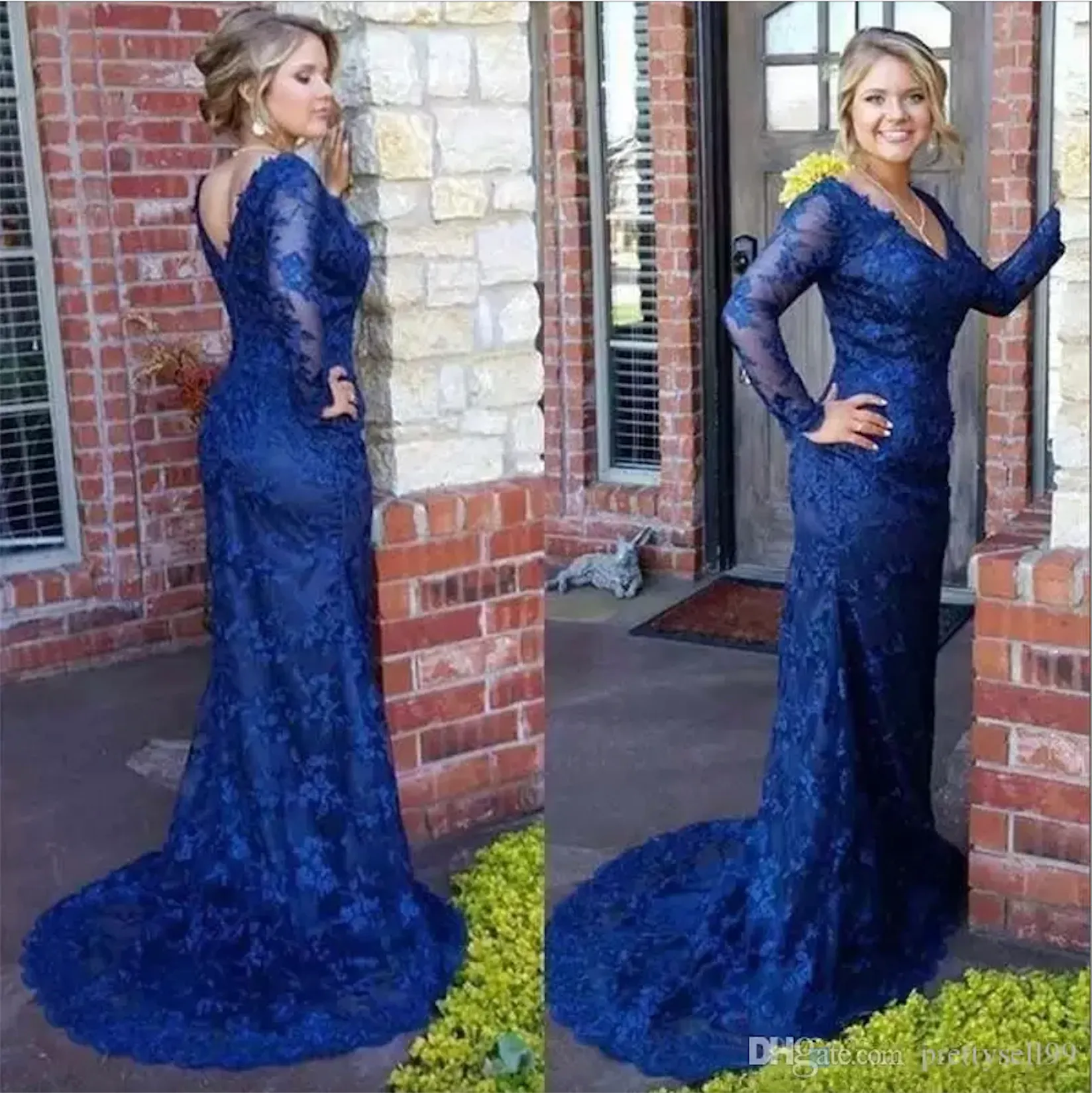 Largas mangas árabes personalizadas Madre de la novia Vestidos V Neck Royal Blue Mermaid Vestidos de noche formales