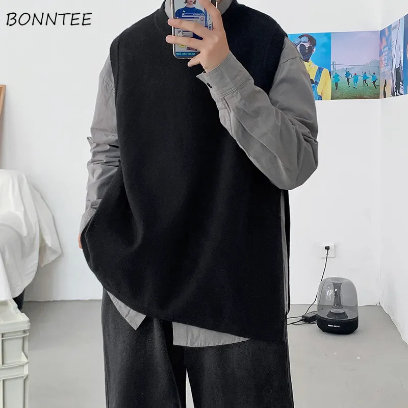 Män s västar tröja väst män solid rund halsida slits utformade mode enkel unisex ärmlösa tröjor koreansk stil streetwear preppy 230313