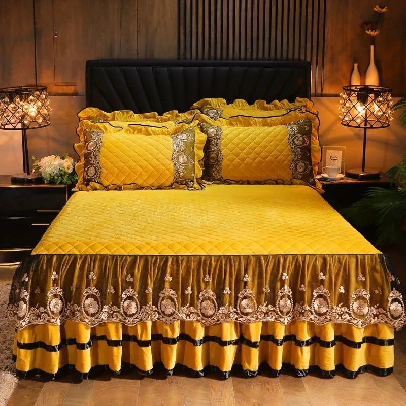 Bed Skirt Luxury Crystal Velvet Fleece Super Soft Quilting Lace Bedskirt Bedclothes Mattress Cover Bedspread Pillowcases Home Textiles 230314
