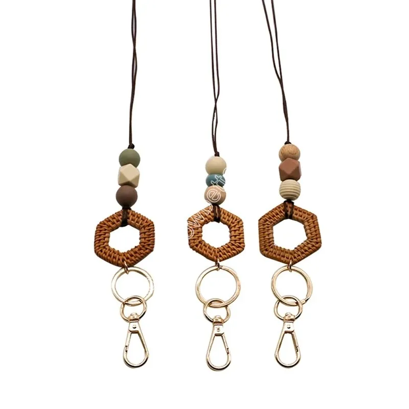 Yeni Rattan Ahşap Bead Lanyard Keychain Çalışma Kimliği Rozeti Kolye Boho Hemşire Öğretmen Charm Hediye Boncuk Kolye Aksesuar