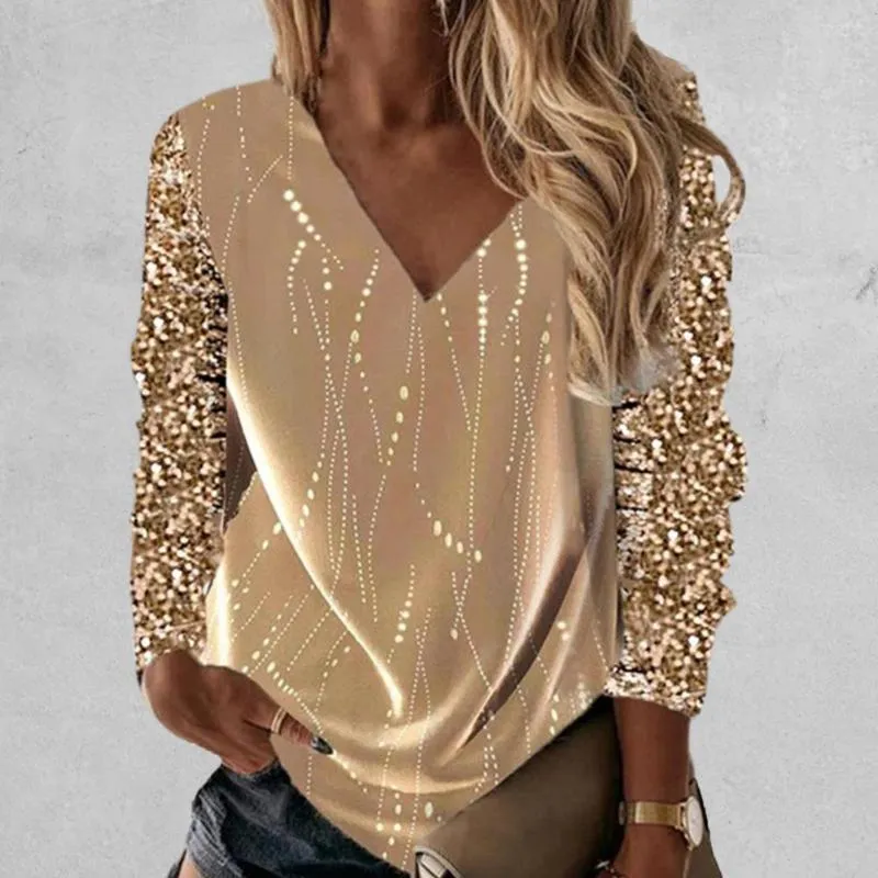 Women's Blouses Pullover Top Loose Party Blouse Golden Color Stitching Shiny