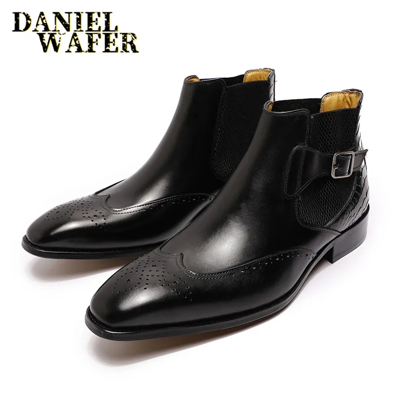 Luksusowe marki męskie botki chelsea przyczynowe wysokiej jakości oryginalny skórzany poślizg na klamrze czarny brązowy ślub formalne buty kostki