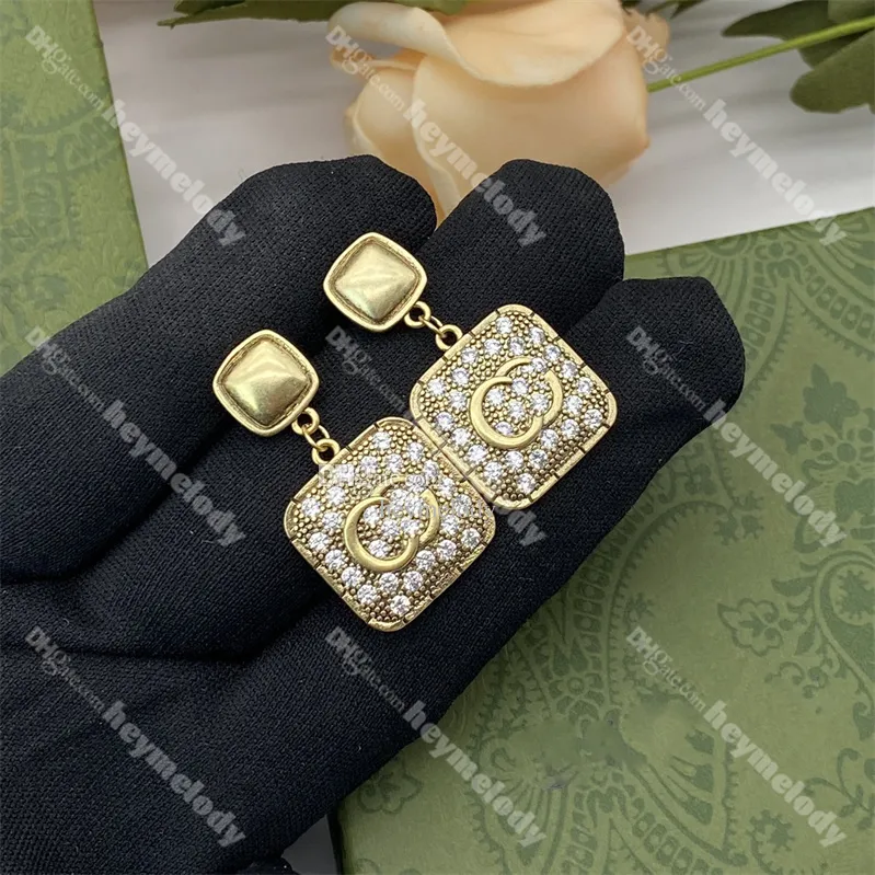 New Square Diamond Stud Earrings Crystal Letter Designer Eardrops Rhinestone Dangler With Box