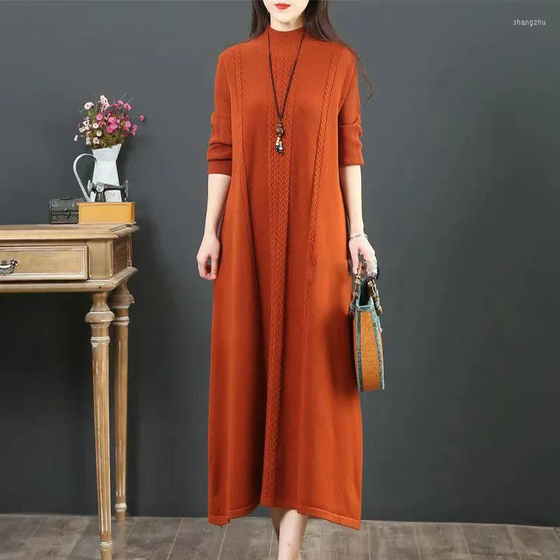 Casual Dresses Mother Wears Knee-Length Knitted Dress Autumn Winter For Middle-Aged And Elderly Women Loose Long Sweater With Bottoming