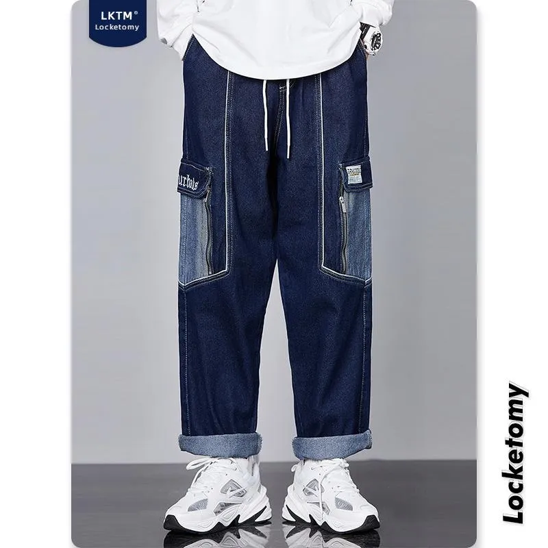 Men's Jeans Autumn And Winter Male Ins Fashion Brand Hip-Hop Heavy Dark Blue Wide-Leg Straight Tooling Trousers