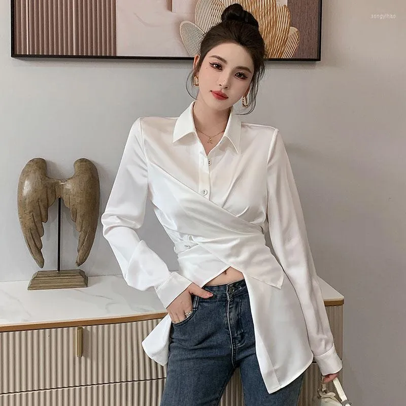 Women's Blouses 2023 Spring Summer White Cross Button Slit Shirt Fashion Simple Casual Elegant Slim Bodycon Lapel Top