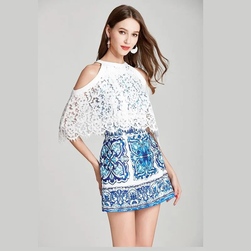 Casual Dresses 2023 Summer Off-shoulder White Lace Over Blue And Porcelain Jacquard Short Evening Dress Women's Banquet