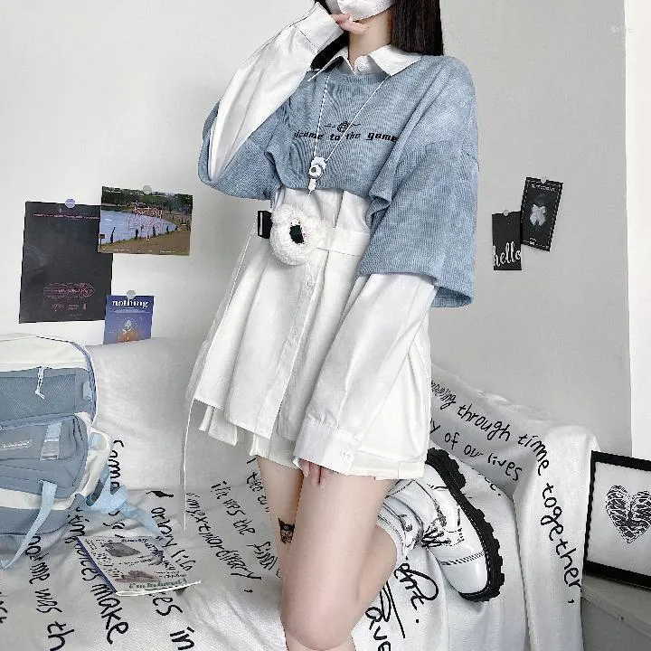 Women's Blouses 2023 Autumn Koreaans kantoor Lady Outfit 2 -delige kledingset Harajuku bijgesneden Tie Dye Sweatshirt Witte blouse pakken met lange mouwen