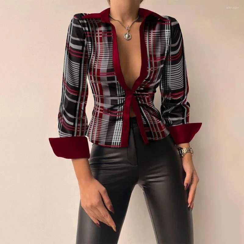 Women's Blouses Fashion PU Splicing Print Shirt Women Spring Autumn Laple Long Sleeve Single Breasted Slim Blusas Mujer De Moda 2023