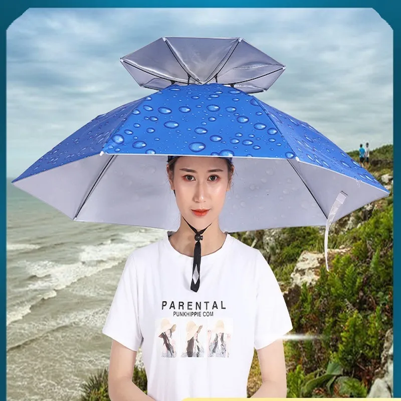 Umbrellas Double-layer Vinyl Rain-proof Fishing Umbrella Hat Head-mounted Umbrella Sunscreen Umbrella Hat Outdoor Sunshade Fishing 230314