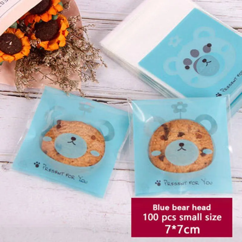 Gift Wrap 100pcs Cookies Self Adhesive Soap Biscuits Package Bag Blue Bottom Transparent Bear Head Cartoon Wedding Birthday Party