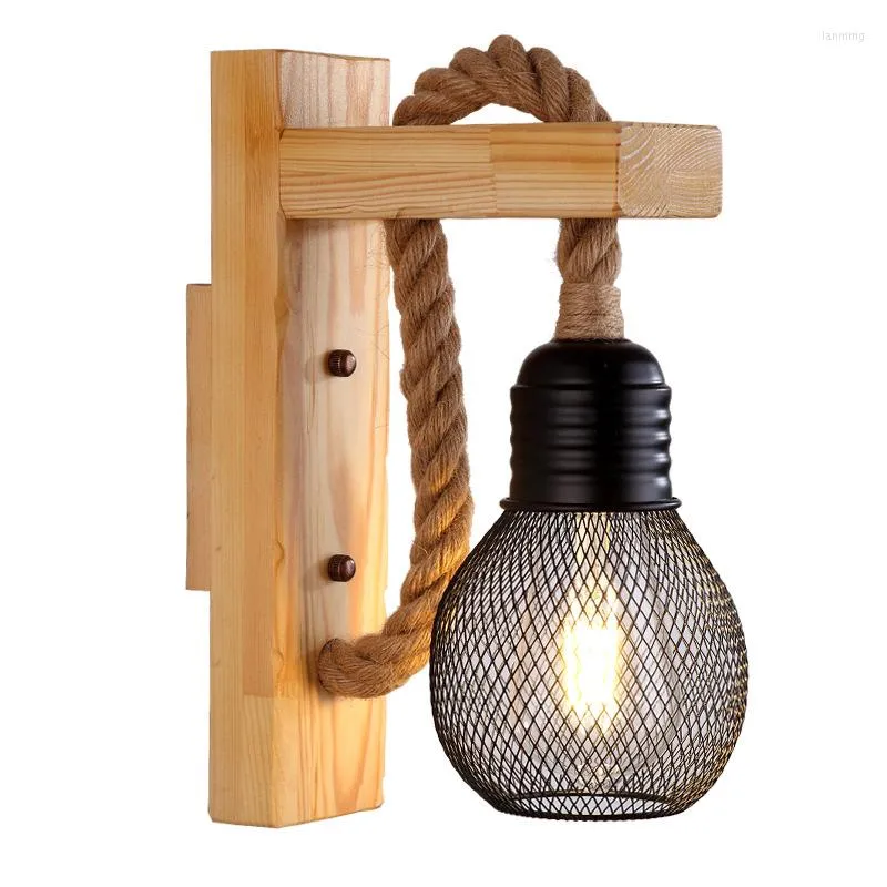 Wall Lamp Homhi Rope Cage Wooden Seat Led Lights Bedroom Staircase Room Decor Wood Mounted Lighting HWL-114