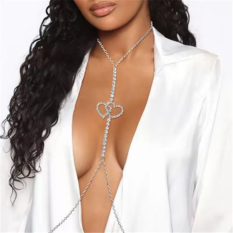 Chaîne de corps polyvalente à Double cœur pour le cou et la poitrine, chaîne de poitrine en diamant Super brillante et Sexy, chaînes de bijoux pour femmes