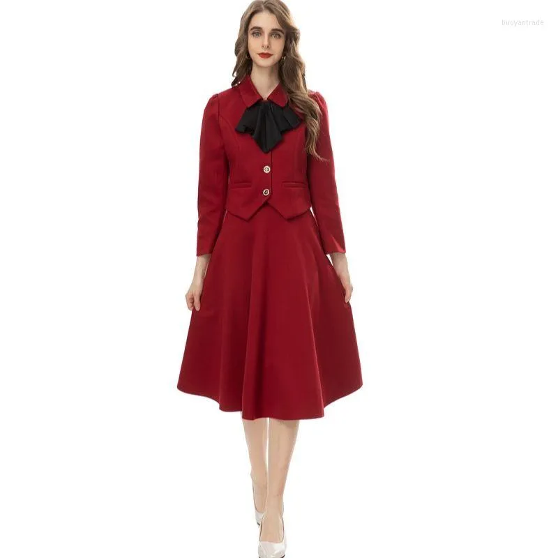 Work Dresses Skirt And Top Set 2023 Fall Winter Women's Turn Down Bow Long Sleeved Single Breasted Short Jacket A-Line Midi Suits Red