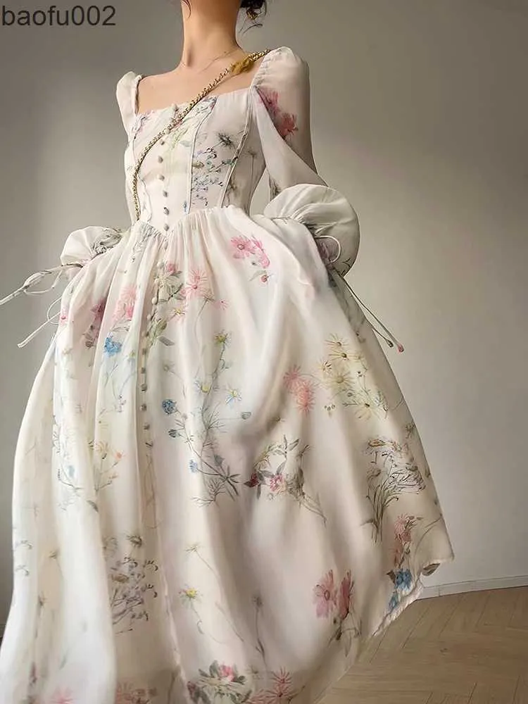 Robes décontractées français élégant robe mi-longue florale en mousseline de soie à manches longues robe de soirée femme plage fée une pièce robe coréenne 2023 été W0315