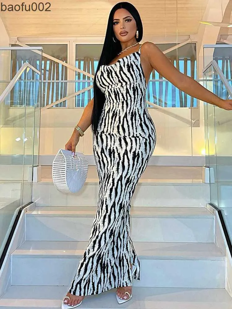 Casual Dresses Hugcitar Zebra Print Swing Collar Sleeveless Backless Slit Maxi Prom Dress 2022 Summer Party Club Outfit Night Out Elegant Y2K W0315