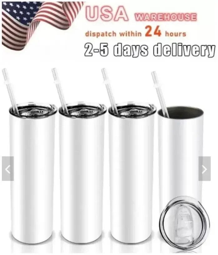 US Warehouse Sublimation Blanks Tumblers 20oz Stainless Steel Straight Blank white with Lids and Straw Heat Transfer Cups Water Bottles 25pcs/carton NEW