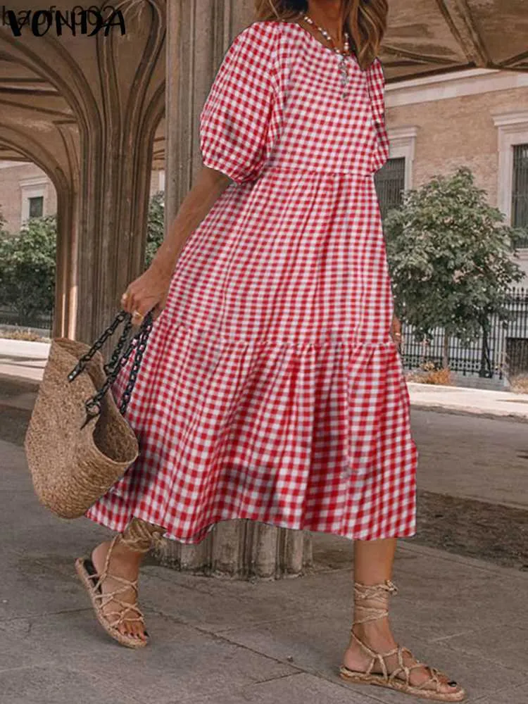 Casual Dresses Vonda Sommer Bohemian Kleid Frauen 2023 Casual Kurzarm Vintage Plaid Gedruckt Hemd Robe Urlaub Lose Plissee Midi Vestidos W0315