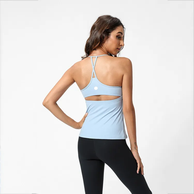 LL Gym YogaVest Crop Top Feminino Gola redonda com Gym Cross Back Sexy Regata Longa Fitness Cami Casual Verão