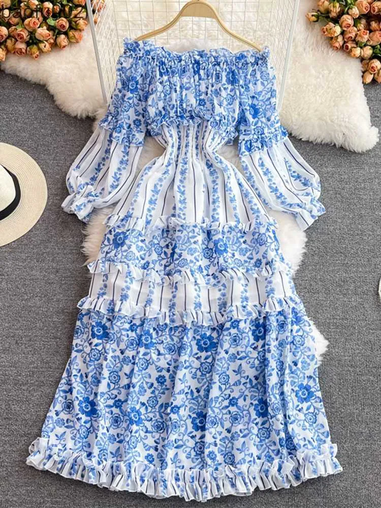 Casual Dresses French Romantic Chiffon Blue Maxi Dress Woman's Sexy Off Shoulder Lantern Sleeve A Line Flower Print Ruffled långa klänningar M7416# W0315