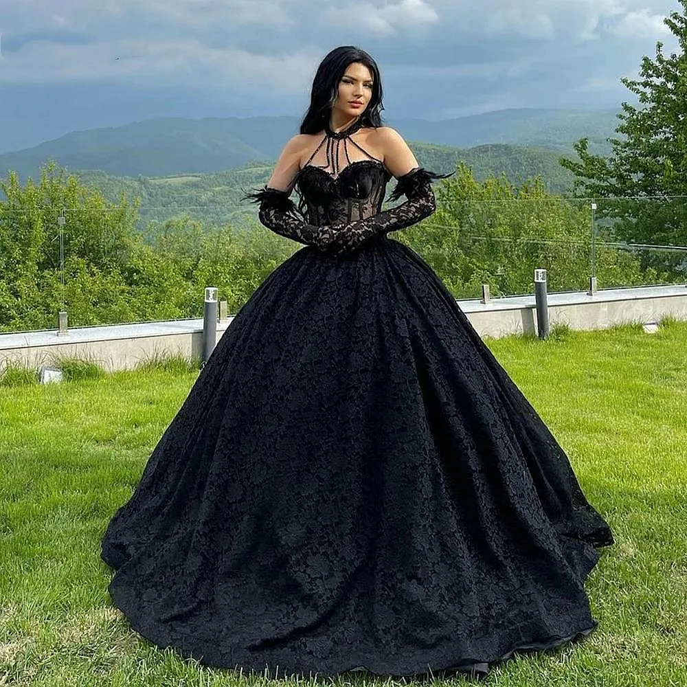 Black Gothic Corset Prom Party Long Dress with Gold Lace Hem D1049