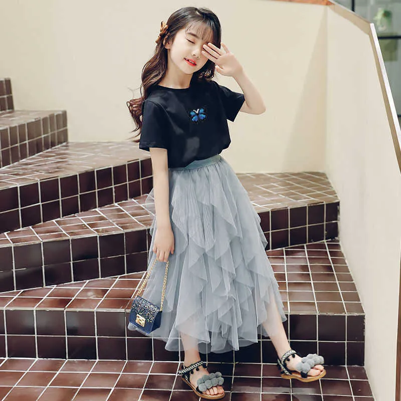 Clothing Sets 10 14 years Old Girls Mesh Skirts Clothes Set Summer Casual Elegant Teen Big Outfit T-shirt Skirt Mesh Princess Kid Clothing